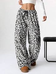 Drawstring Elasticity Leopard Split-Joint Loose Wide Leg Trousers Pants