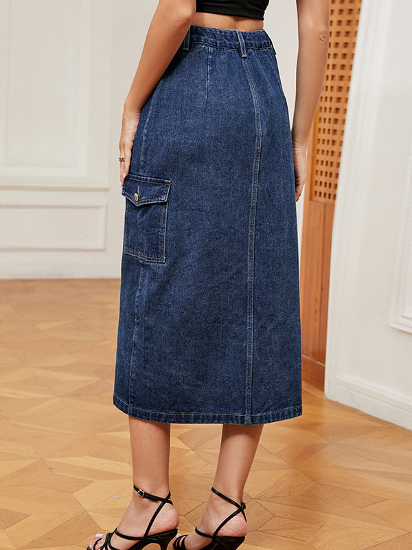 Buttoned Pockets Split-Front Loose Denim Skirts Bottoms