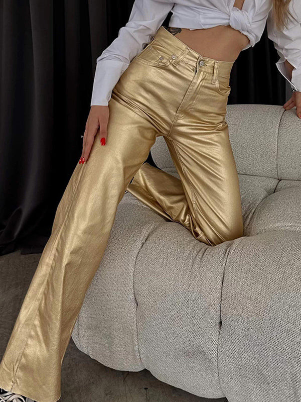 Pockets Solid Color Wide Leg Trousers Pants