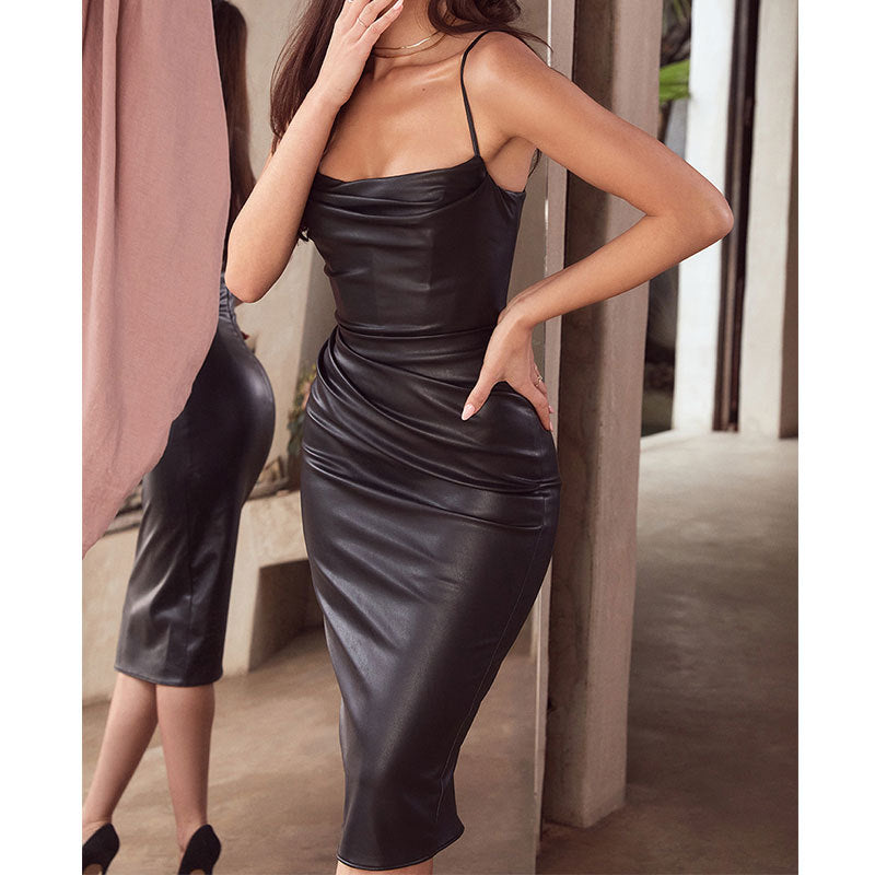 Catalina - Scoop Neck Spaghetti Strap Ruched Leather Midi Dress Black