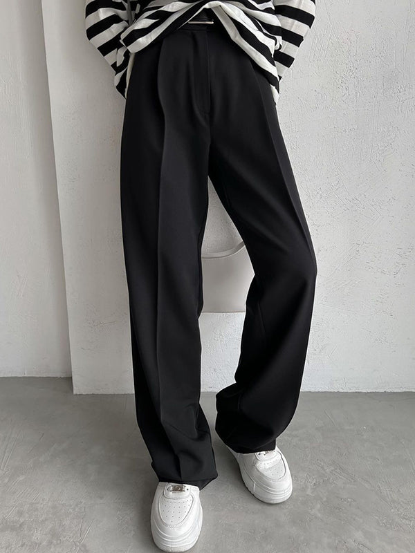 No Belt Solid Color High Waisted Loose Trousers Suit Pants