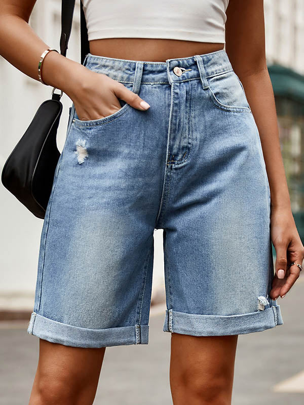 Buttoned Pockets High Waisted Loose Shorts Bottoms Jean Pants Bottoms
