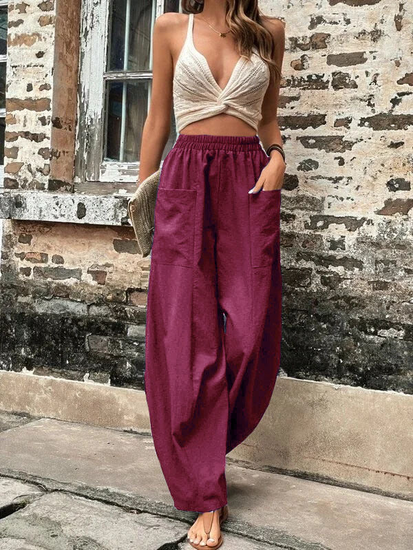 Elasticity Pockets Solid Color Loose Plus Size Pants