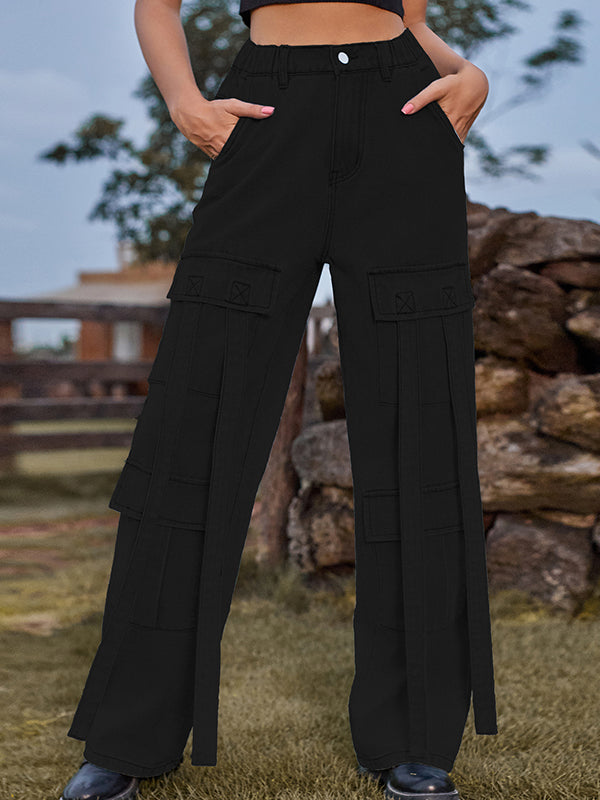 High-Waisted Pockets Split-Joint Streamer Loose Straight Leg Jean Pants Bottoms