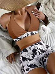 Sexy bikini high-waisted printed color-blocking split swimsuit