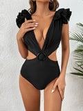 Ruffled Backless Tie High Waist Solid One-Piece Swimsuit