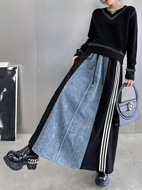 Contrast Color Drawstring Split-Joint Striped A-Line Loose Skirts Bottoms