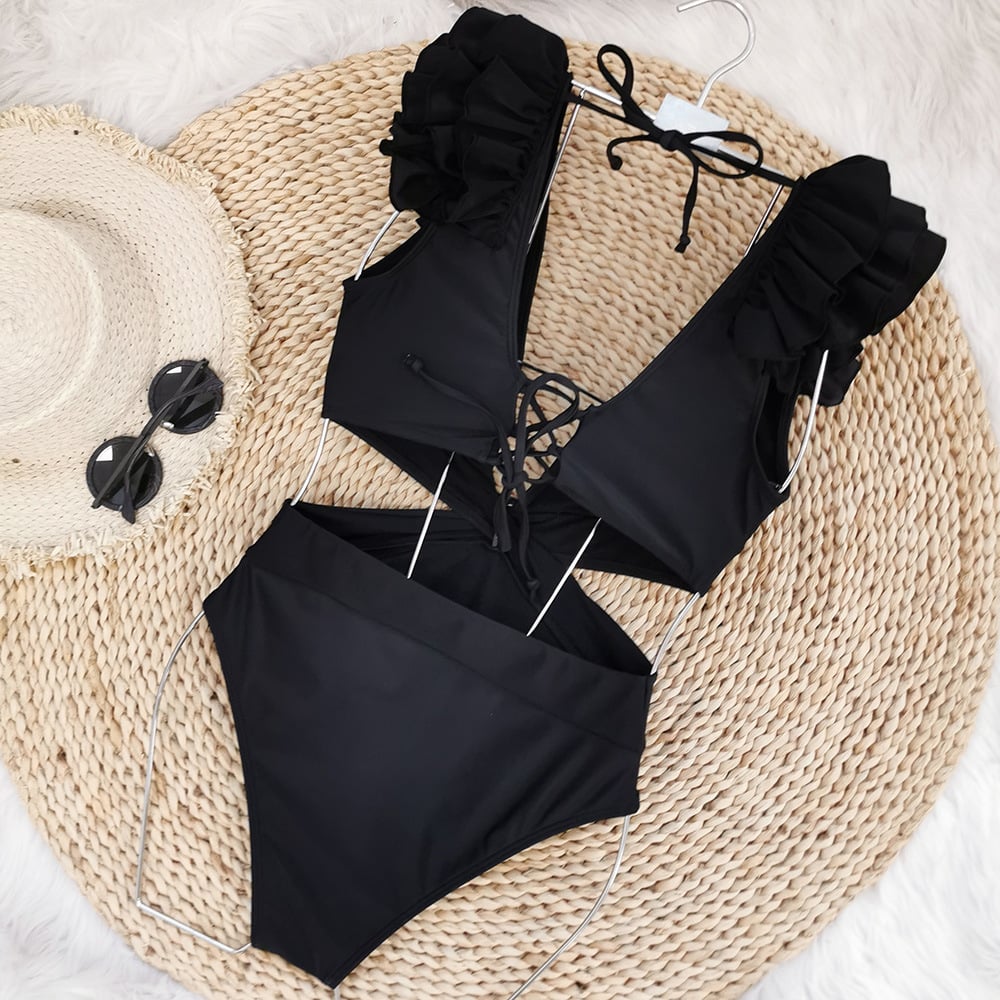 Ruffled Backless Tie High Waist Solid One-Piece Swimsuit