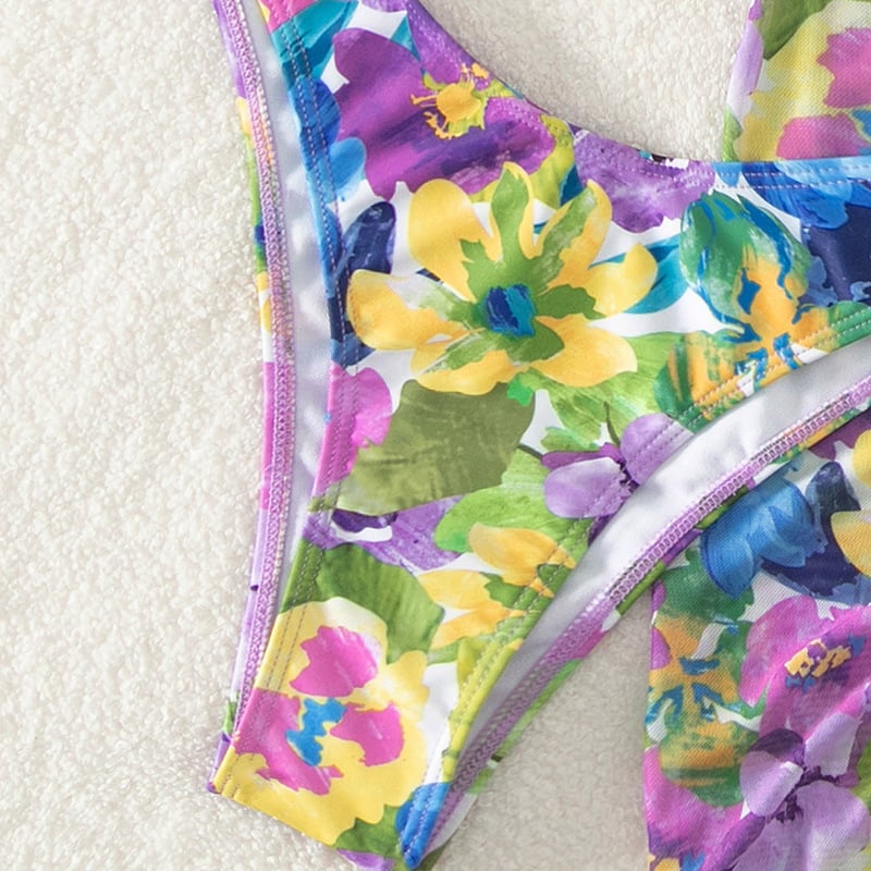 Women's Art Hawaiian Contrast Floral Print Four Piece Swimsuit
