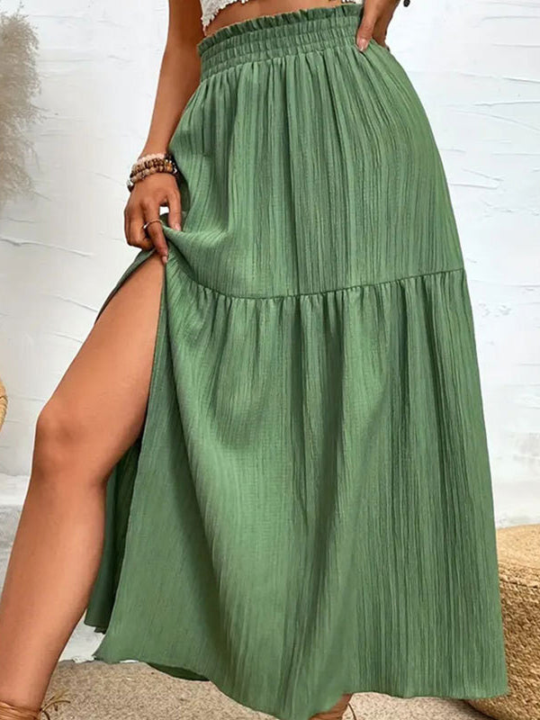 Elasticity Solid Color Split-Joint Split-Side A-Line Loose Skirts Bottoms