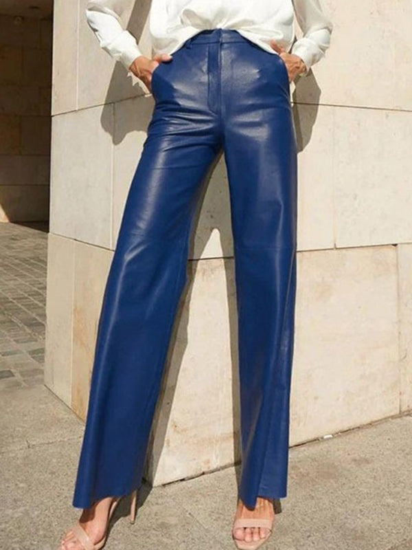High-Waisted Solid Color Split-Joint Skinny Leg Straight Leg PU Trousers Pants