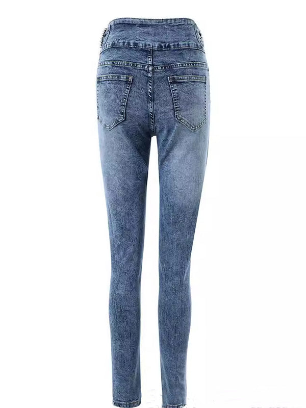 Beads Buttoned Elasticity Pockets Zipper Skinny Jean Pants Bottoms