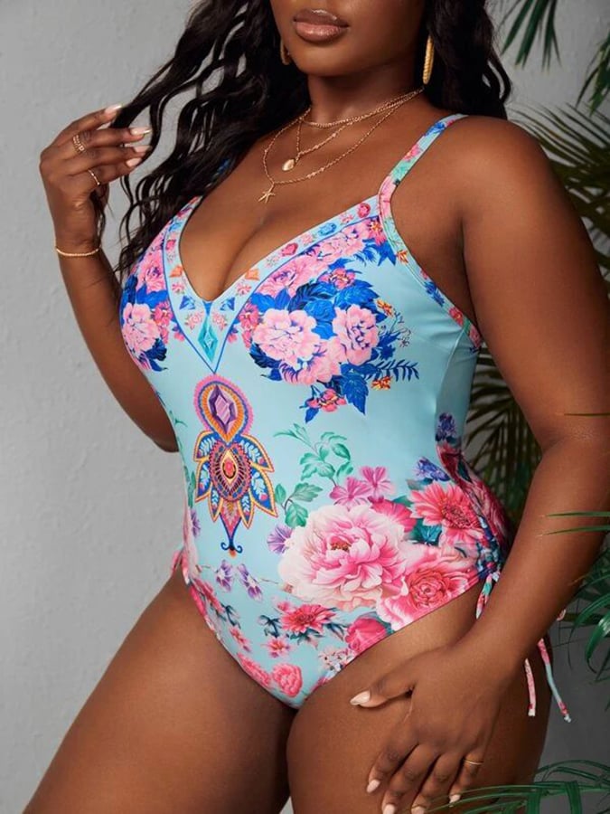 Plus-Size Printed Lace Up Slimming One Piece Swimsuit