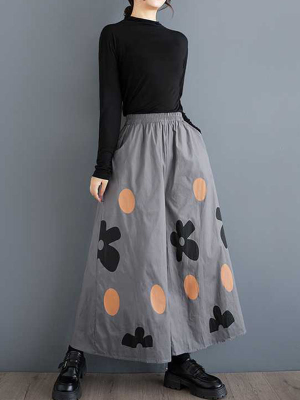 Elasticity Flower Print Pockets Loose Wide Leg Pants Culotte