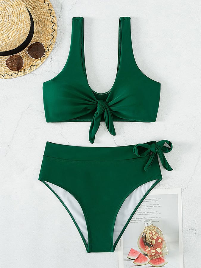 Pure Color Lace High Waist Split Swimsuit