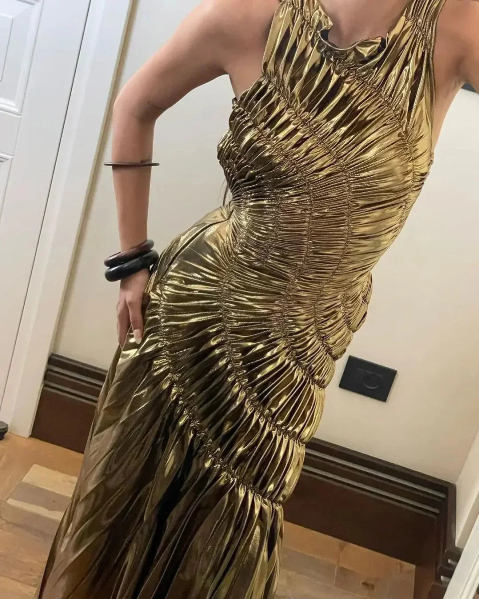 Chic Gold Pleated Bodycon Maxi Dress
