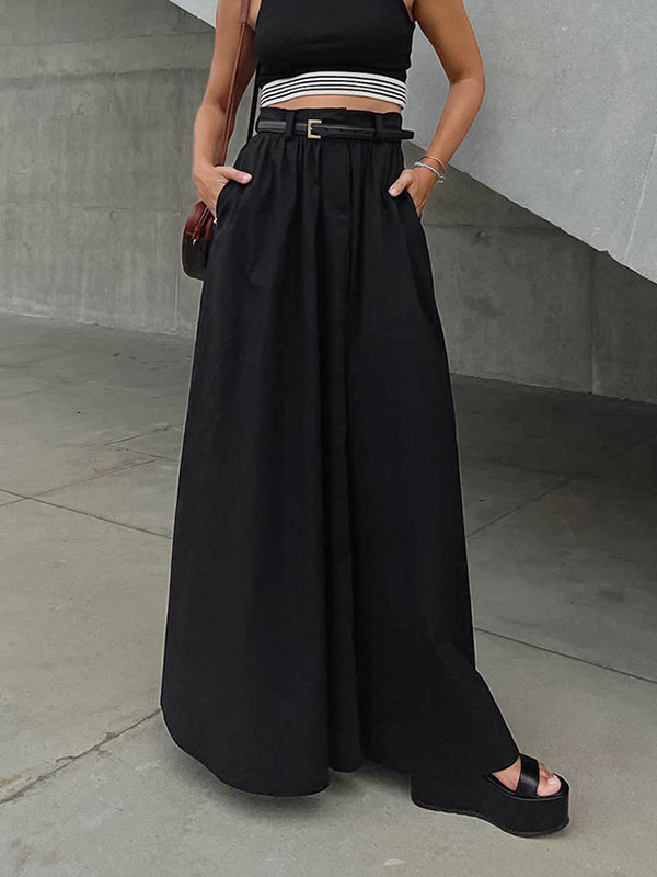 Pockets Solid Color Zipper High Waisted Loose Skirts Bottoms