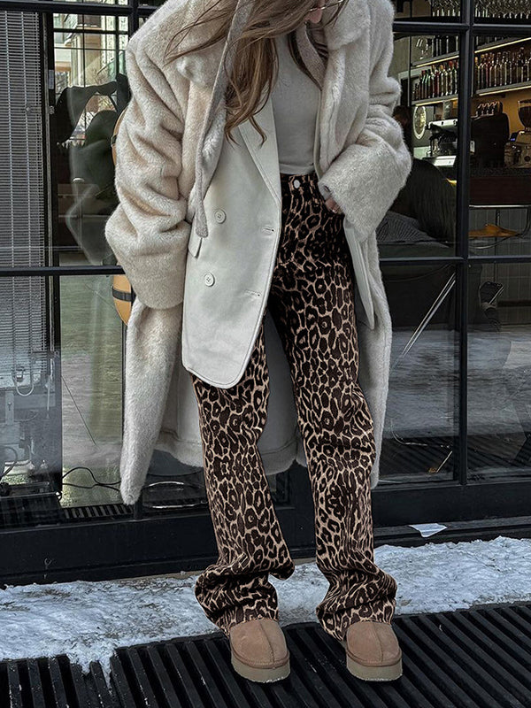 Buttoned Leopard Pockets Split-Joint Loose Trousers Pants