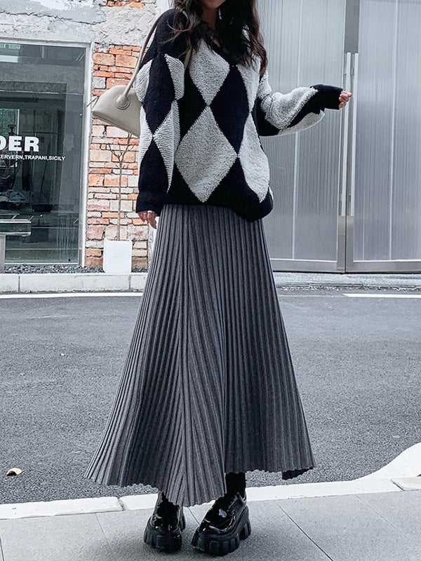 Pleated Solid Color A-Line High Waisted Skirts Bottoms