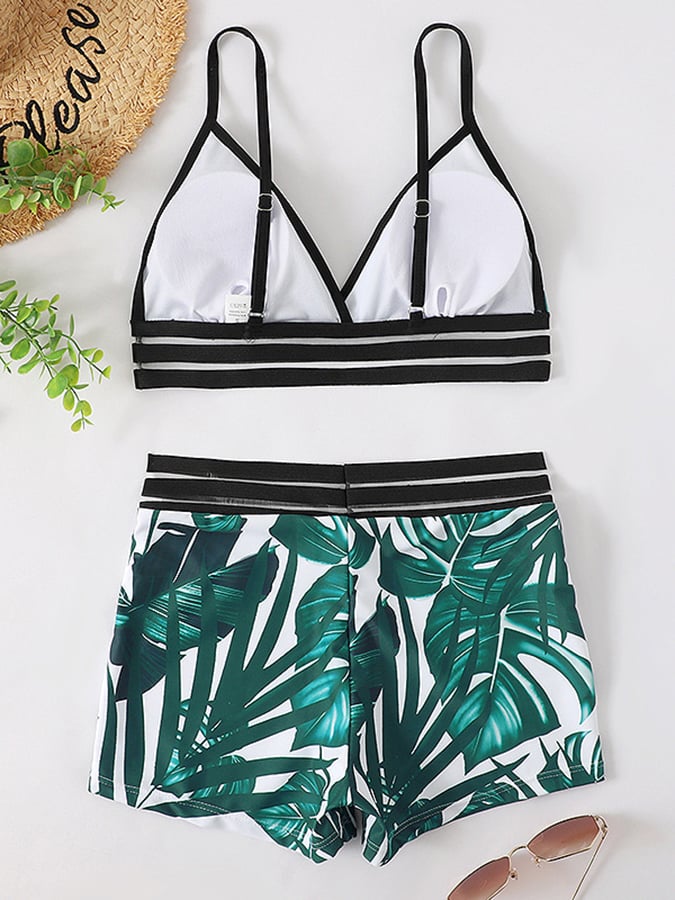 Elastic Patch Leaf Print Split Swimwear