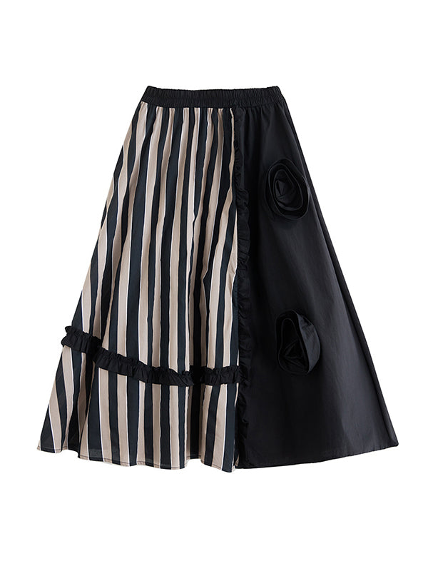 Flower-Embellished Elastics Split-Joint High Waisted Loose Skirts Bottoms