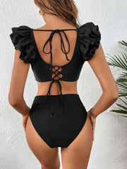 Ruffled Backless Tie High Waist Solid One-Piece Swimsuit