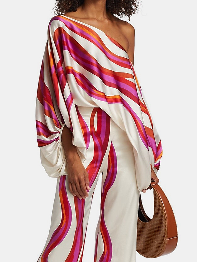 Zreei Urban Wide Leg Loose Printed Off-The-Shoulder Blouses &Casual Pants Two Pieces Set