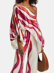 Zreei Urban Wide Leg Loose Printed Off-The-Shoulder Blouses &Casual Pants Two Pieces Set