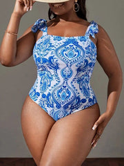 Plus-Size Printed Lace Up Slimming One Piece Swimsuit