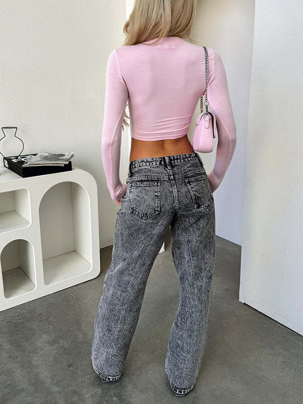 Split-Joint High Waisted Straight Leg Jean Pants Bottoms