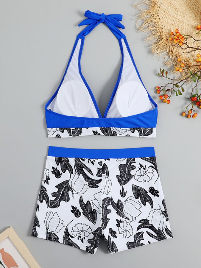 Sexy bikini high-waisted printed color-blocking split swimsuit