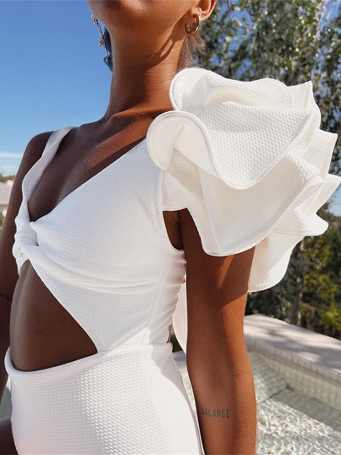 Open Back Single Shoulder Ruffled One Piece Swimsuit