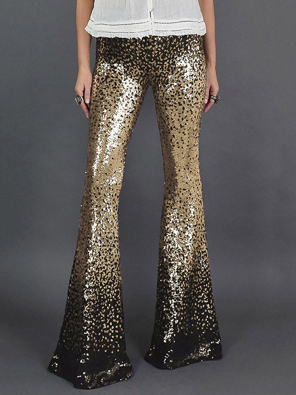 Contrast Color Gradient Sequined Shiny Flared Pants Skinny Leg Pants Bottoms