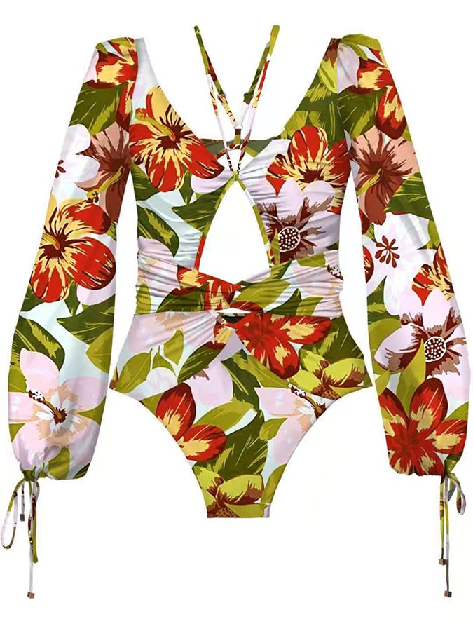 European And American Style Sexy Push-Up One-Piece Printed Long-Sleeved Swimsuit