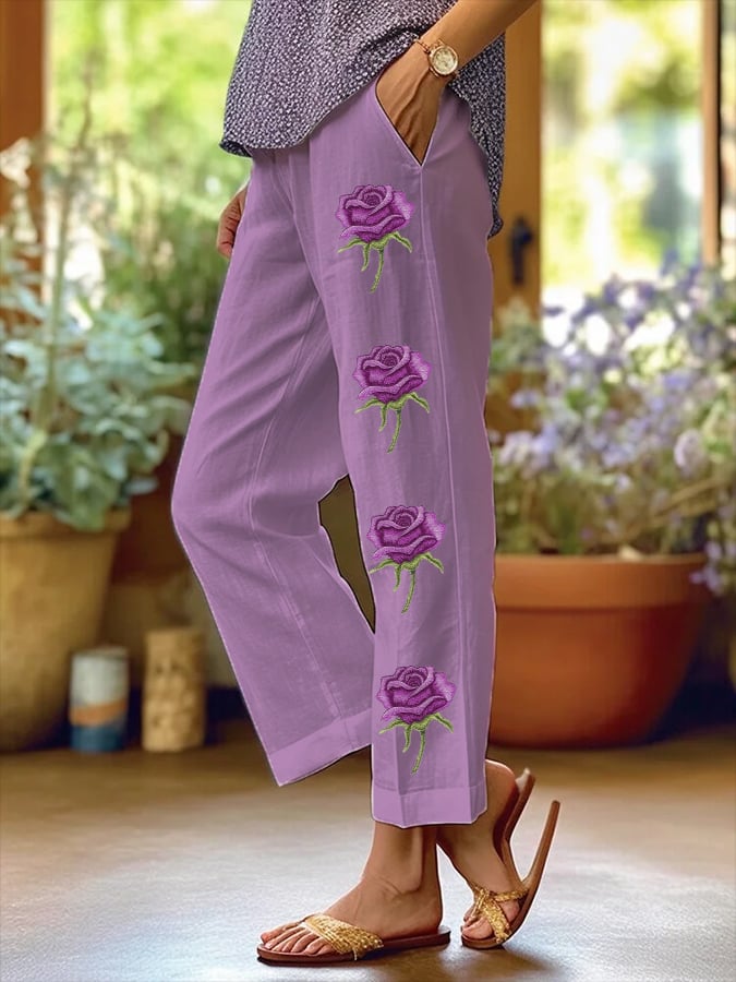 Women's Art Floral Loose  Pockets Casual Pants