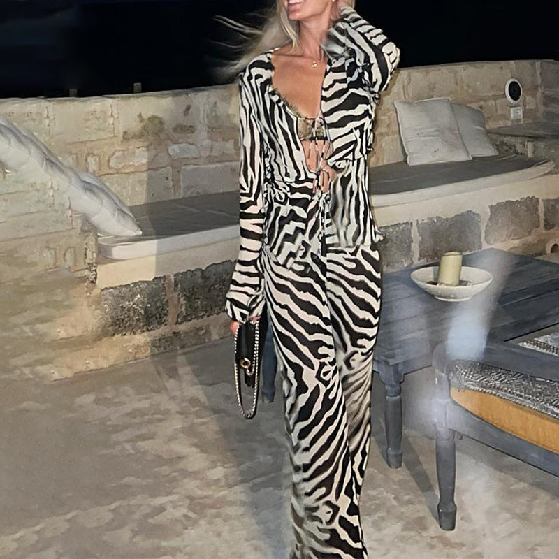 ZEBRA PRINT LONG SLEEVE TOP & TIE PANTS SET