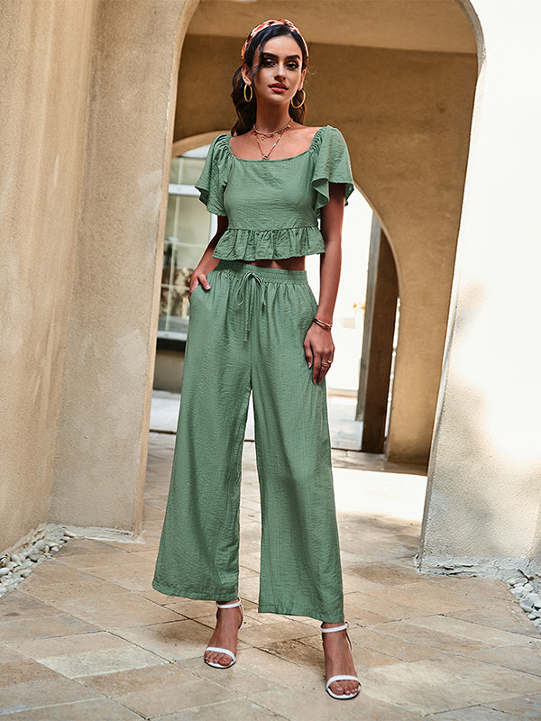 Casual High Waisted Solid Color U-Neck Two Pieces Set