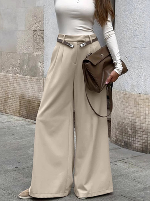 Pleated Pockets Solid Color High Waisted Loose Trousers Suit Pants