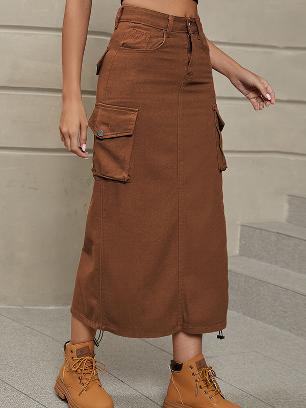 Buttoned Drawstring Pockets Solid Color Split-Side A-Line Skirts Bottoms