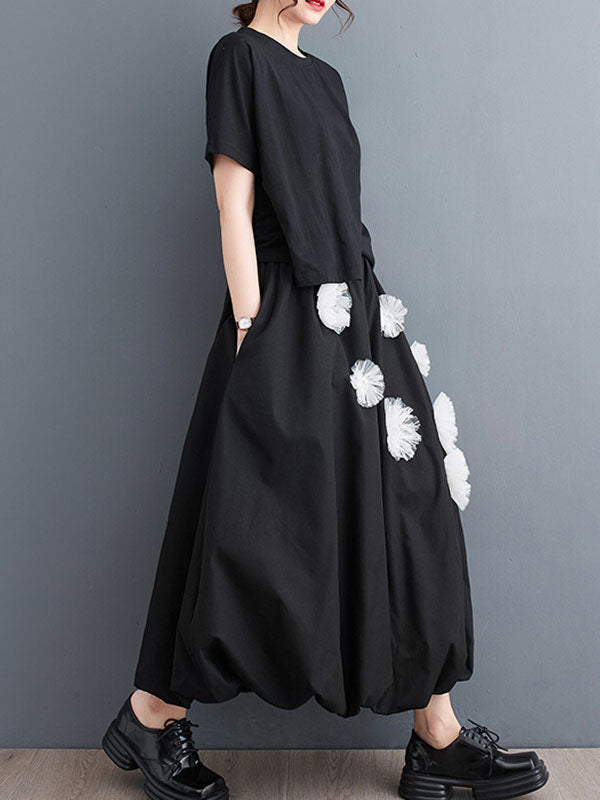 Flower-Embellished Elastics Solid Color Loose Skirts Bottoms