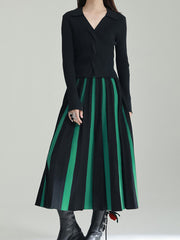 Contrast Color Pleated A-Line Loose Skirts Bottoms