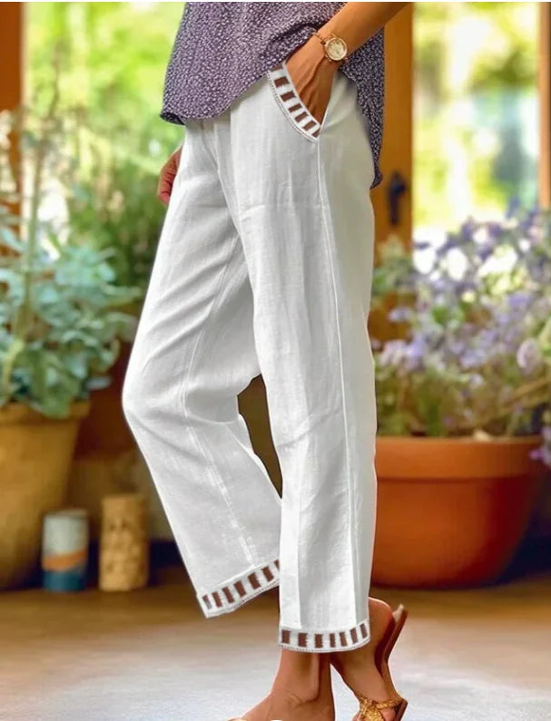 Cotton and Linen Simple Lace Straight Leg Pants