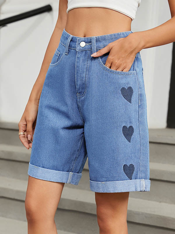 Buttoned Heart Print Pockets High Waisted Loose Jean Pants Bottoms Half Pants