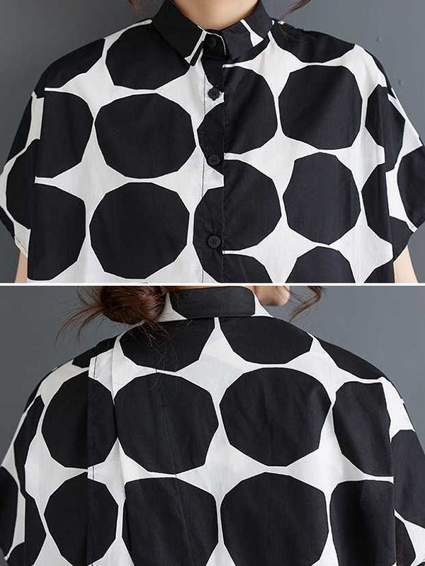 Buttoned Polka-Dot Loose Short Sleeves Lapel Blouse Tops Skirts Bottoms Two Pieces Set