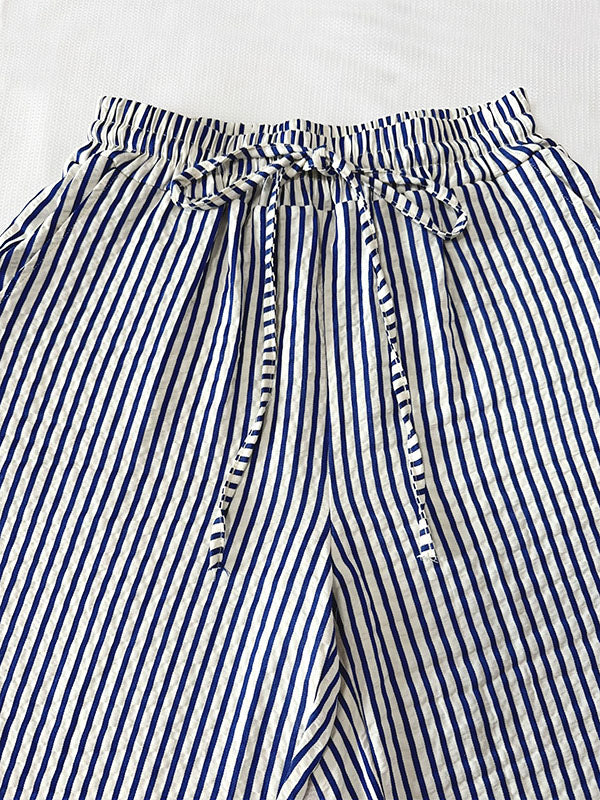Drawstring Elasticity Pockets Split-Joint Striped Loose Trousers Pants
