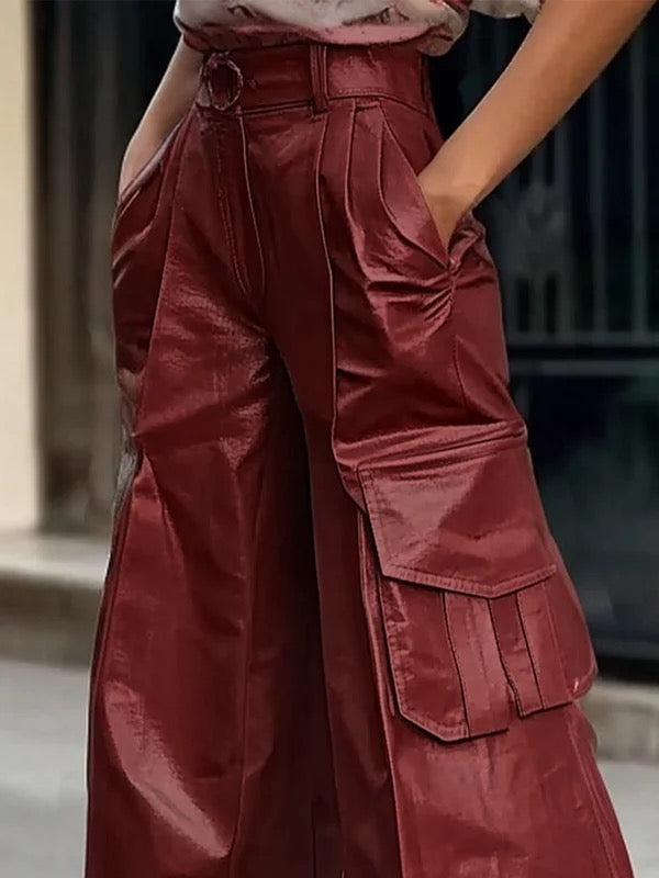Pleated Pockets Solid Color Split-Joint Loose Wide Leg Trousers Pants