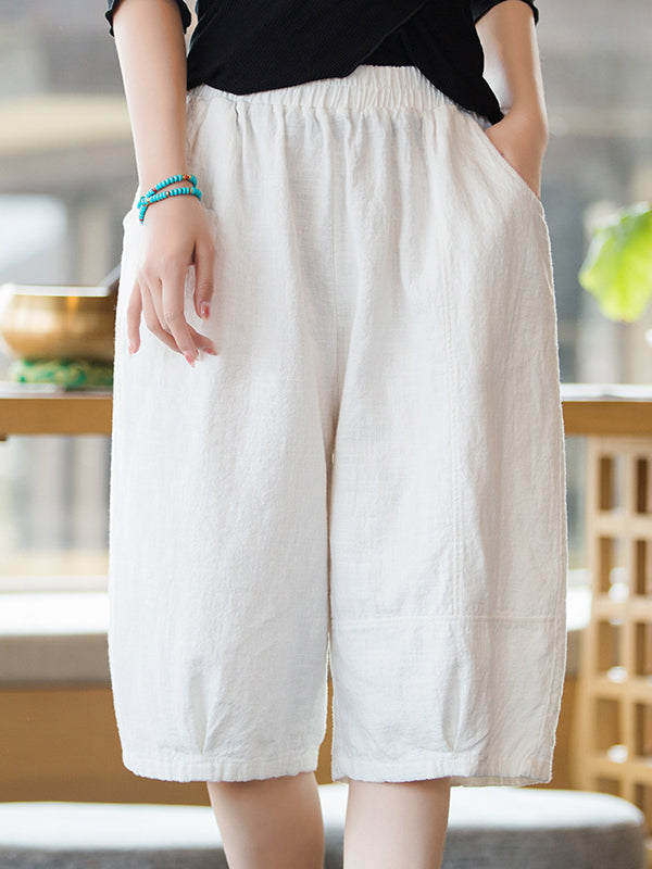 Artistic Retro Loose Ramie Cotton Solid Color Elasticity Shorts
