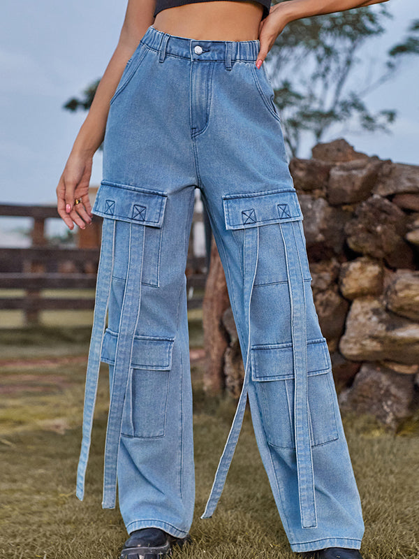 High-Waisted Pockets Split-Joint Streamer Loose Straight Leg Jean Pants Bottoms