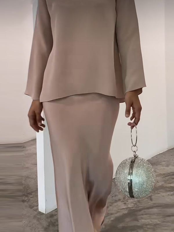Batwing Sleeves Pearl Solid Color Round-Neck Shirts&Skirts Suits