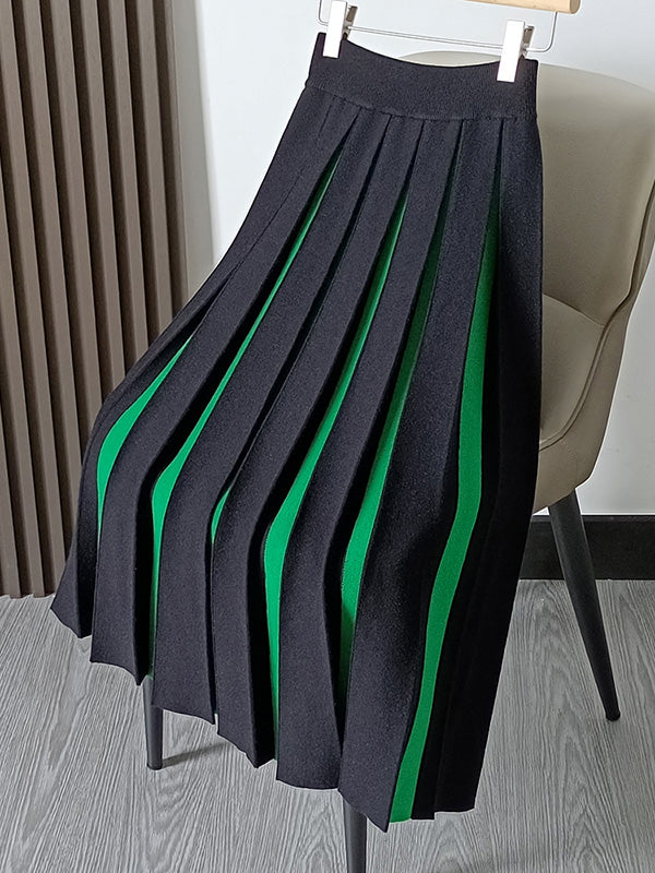Contrast Color Pleated A-Line Loose Skirts Bottoms